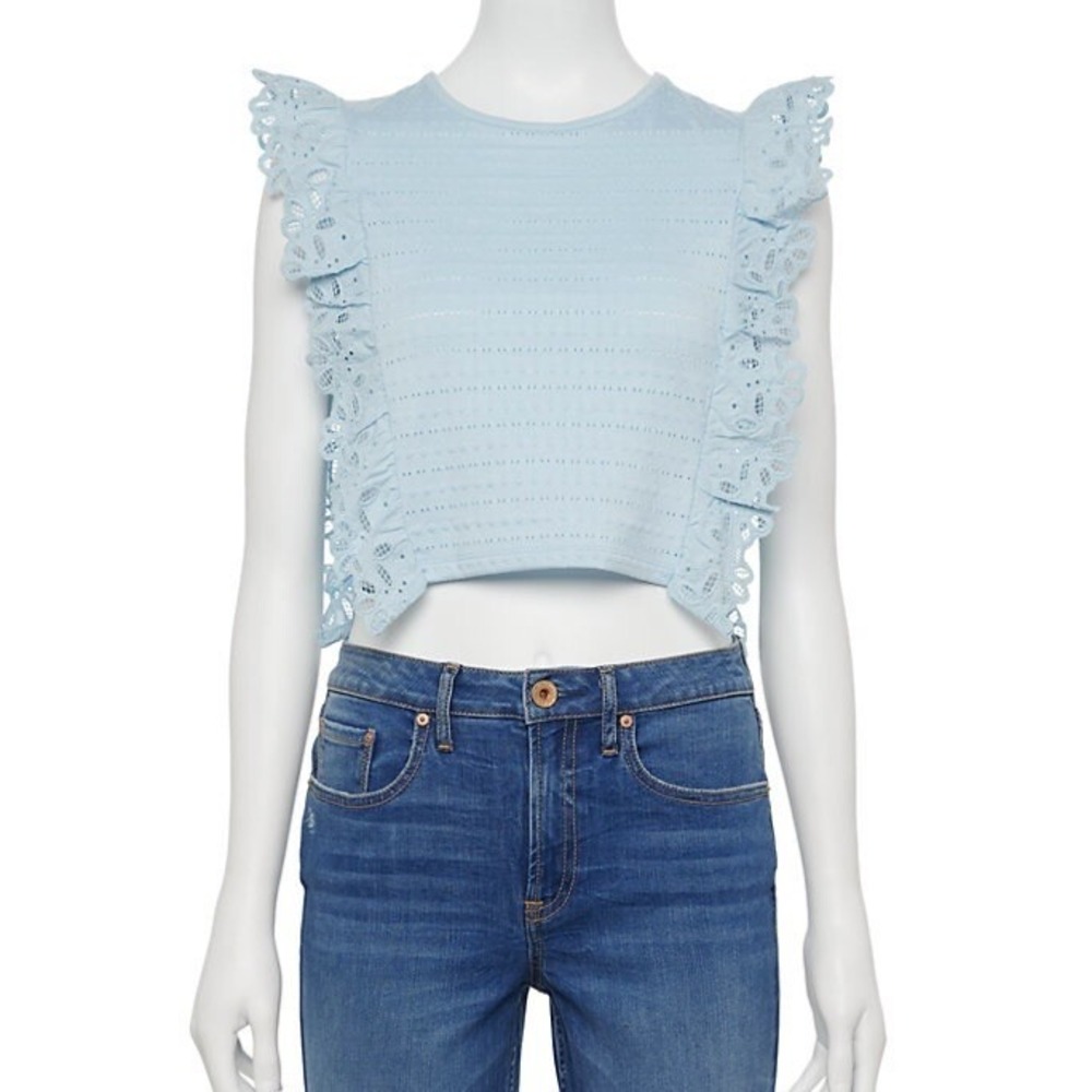 SO Juniors Broderie Frill Top XS New with Tags Blue Ruffled Shoulders Adorable